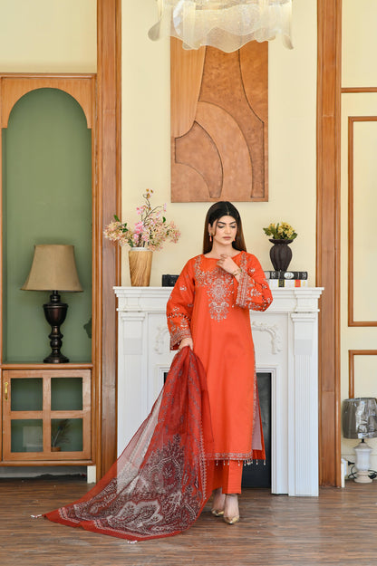 DIYA – EMBROIDERED CORAL LAWN 3 PIECE SUIT