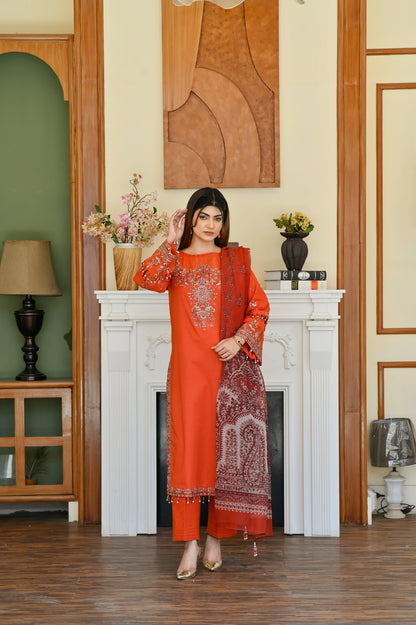 DIYA – EMBROIDERED CORAL LAWN 3 PIECE SUIT