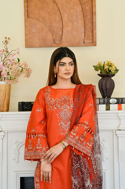 DIYA – EMBROIDERED CORAL LAWN 3 PIECE SUIT