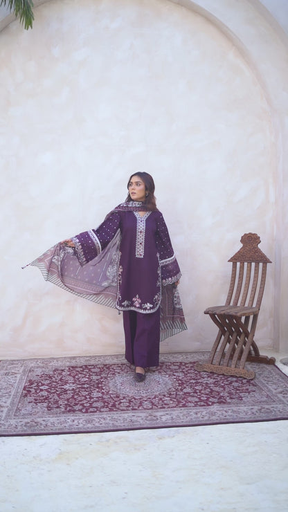 LAJ – EMBROIDERED PURPLE LAWN 3 PIECE SUIT