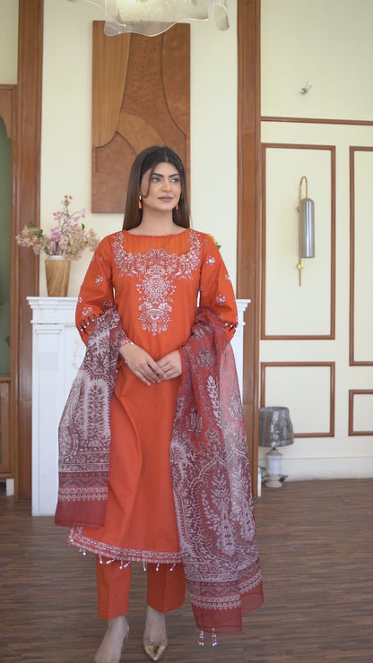 DIYA – EMBROIDERED CORAL LAWN 3 PIECE SUIT