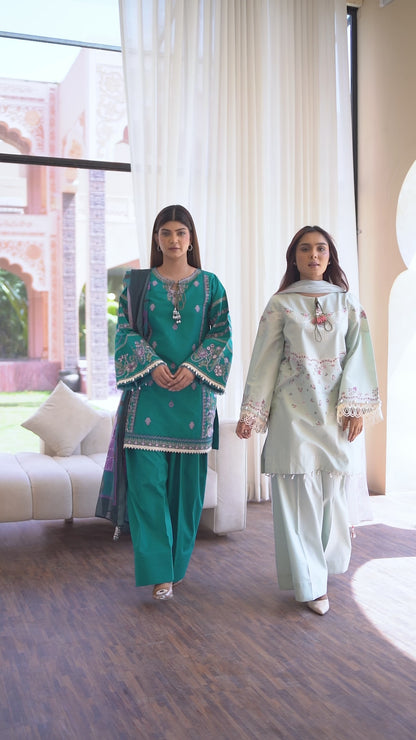 NAZ – EMBROIDERED TEAL BLUE LAWN 3 PIECE SUIT
